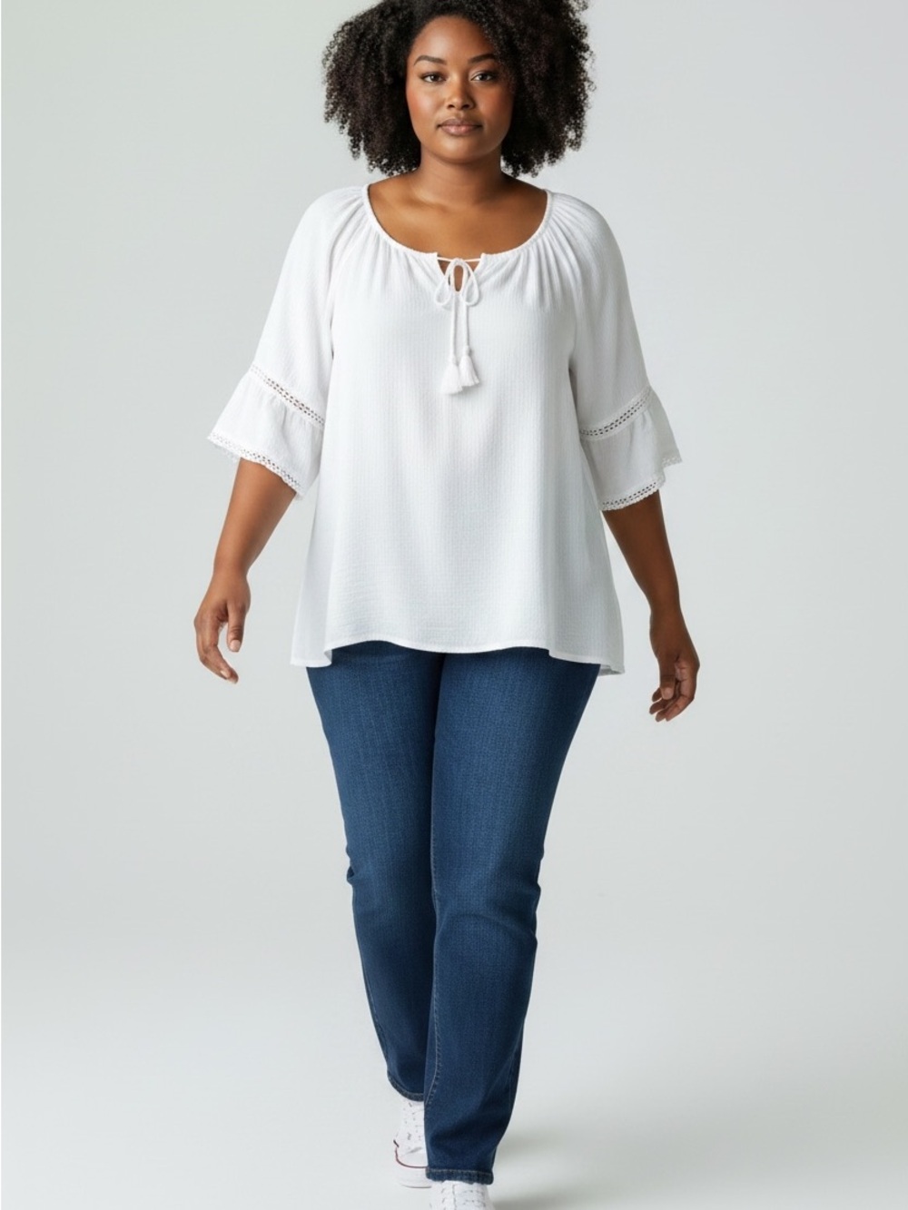 Women's Bright White Peasant Blouse with Tassel Tie